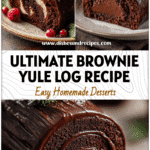 Rich Chocolate Brownie Yule Log covered in glossy ganache on a festive Christmas table.